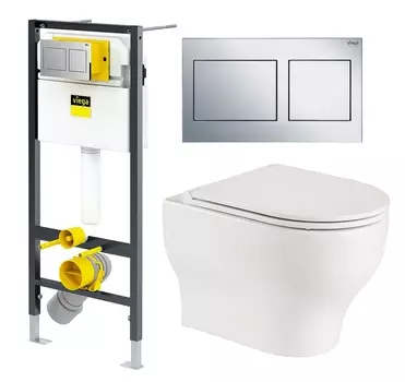 Комплект 3 в 1 инсталляция Viega Prevista Dry 8524.14 792596 + Подвесной унитаз WeltWasser Erlenbach 004 GL-WT + кнопка хром