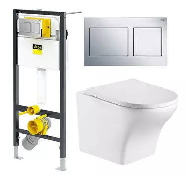 Комплект 3 в 1 инсталляция Viega Prevista Dry 8524.14 792596 + Подвесной унитаз WeltWasser Odenbach 004 GL-WT + кнопка хром