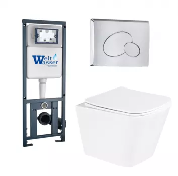 Комплект 3 в 1 инсталляция WeltWasser Marberg 410 + Подвесной унитаз BelBagno Due BB3103CHR/SC + кнопка хром RD