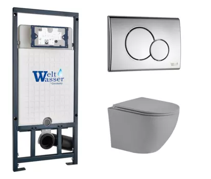 Комплект 3 в 1 инсталляция WeltWasser WW Marberg 507 + Унитаз подвесной Weltwasser WW Merzbach 043 MT-GR серый с кнопкой хром RD 10000005949 + 10000005952 + 10000003708