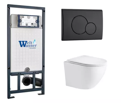 Комплект 3 в 1 инсталляция WeltWasser WW Marberg 507 + Подвесной унитаз WeltWasser Merzbach 043 GL-WT с кнопкой черной RD 10000005949 + 10000008254 + 10000010238