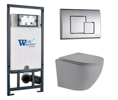 Комплект 3 в 1 инсталляция WeltWasser WW Marberg 507 + Унитаз подвесной Weltwasser WW Merzbach 043 MT-GR серый с кнопкой хром SE 10000005949 + 10000005953 + 10000003708