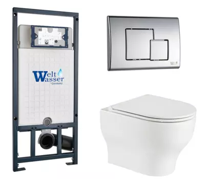 Комплект 3 в 1 инсталляция WeltWasser WW Marberg 507 + Подвесной унитаз WeltWasser Erlenbach 004 GL-WT с кнопкой хром SE 10000005949 + 10000005953 + 10000003807