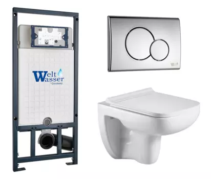 Комплект 3 в 1 инсталляция WeltWasser WW Marberg 507 + Подвесной унитаз WeltWasser Kehlbach 004 GL-WT с кнопкой хром RD 10000005949 + 10000003810 + 10000005952