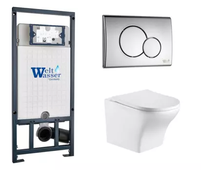 Комплект 3 в 1 инсталляция WeltWasser WW Marberg 507 + Подвесной унитаз WeltWasser Odenbach 004 GL-WT с кнопкой хром RD 10000005949 + 10000003704 + 10000005952