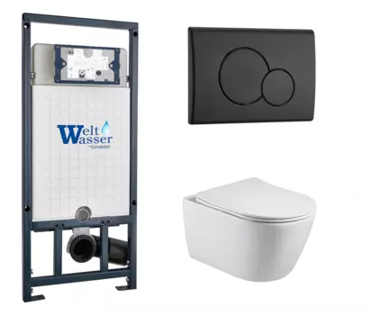 Комплект 3 в 1 инсталляция WeltWasser WW Marberg 507 + Унитаз подвесной Акватек Вега AQ1905-00 с кнопкой черной RD 10000005949 + 10000010238 + AQ1905-00