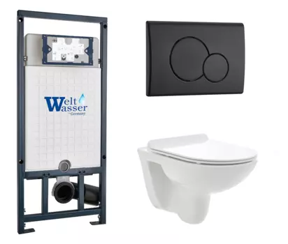 Комплект 3 в 1 инсталляция WeltWasser WW Amberg 507 + Унитаз подвесной AQUAme AQM2008 с кнопкой черной RD 10000005949 + 10000010238 + AQM2008