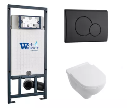Комплект 3 в 1 инсталляция WeltWasser WW Marberg 507 + Унитаз подвесной Villeroy & Boch O Novo Directflush с кнопкой черной RD 10000005949 + 10000010238 + 5660HR01