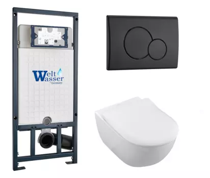 Комплект 3 в 1 инсталляция WeltWasser WW Marberg 507 + Унитаз подвесной Villeroy & Boch Subway 2.0 5614R201 с кнопкой черной RD 10000005949 + 10000010238 + 5614R201
