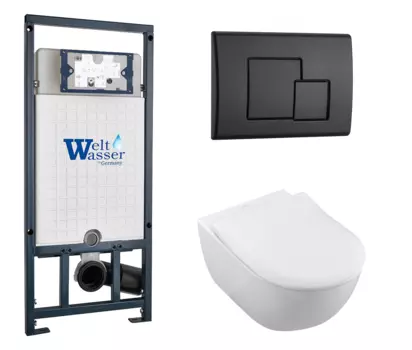 Комплект 3 в 1 инсталляция WeltWasser WW Marberg 507 + Унитаз подвесной Villeroy & Boch Subway 2.0 5614R201 с кнопкой черной SE 10000005949 + 10000010239 + 5614R201