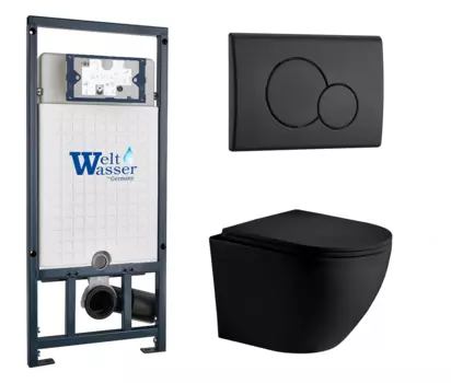 Комплект 3 в 1 инсталляция WeltWasser WW Marberg 507 + Унитаз подвесной Weltwasser WW Merzbach 043 MT-BL черный с кнопкой черной RD