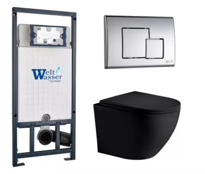 Комплект 3 в 1 инсталляция WeltWasser WW Marberg 507 + Унитаз подвесной Weltwasser WW Merzbach 043 MT-BL черный с кнопкой хром SE 10000005949 + 10000005953 + 10000008255