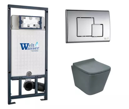 Комплект 3 в 1 инсталляция WeltWasser WW Marberg 507 + Унитаз подвесной Weltwasser WW SK Gelbach 041 MT-GR серый с кнопкой хром SE 10000005949 + 10000005953 + 10000003749