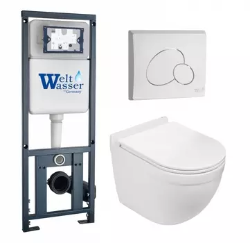 Комплект 3 в 1 инсталляция WeltWasser WW Marberg 410 10000005948 + Подвесной унитаз WeltWasser Heimbach 043 GL-WT + кнопка белая глянцевая RD 10000010668_