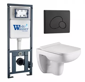 Комплект 3 в 1 инсталляция WeltWasser WW Marberg 410 10000005948 + Подвесной унитаз WeltWasser Kehlbach 004 GL-WT + кнопка черная матовая RD 10000010729_