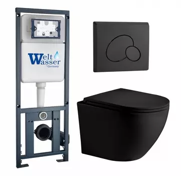 Комплект 3 в 1 инсталляция WeltWasser WW Marberg 410 10000005948 + Унитаз подвесной Weltwasser WW Merzbach 043 MT-BL + кнопка черная матовая RD 10000011352_