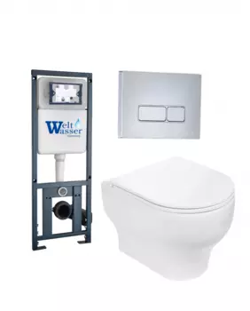 Комплект 3 в 1 инсталляция WeltWasser WW Marberg 410 + Подвесной унитаз WeltWasser Erlenbach 004 GL-WT + кнопка хром SE 10000006465_
