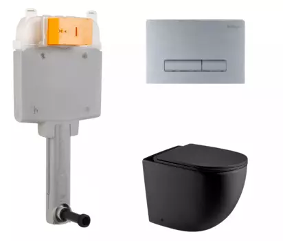 Комплект 3 в 1 смывной бачок скрытого монтажа BelBagno BB025-CS + Приставной унитаз WeltWasser Merzbach 002 MT-BL черный с кнопкой хром матовой Genova BB025-CS + 10000006179 + BB020-GV-CHROME.M