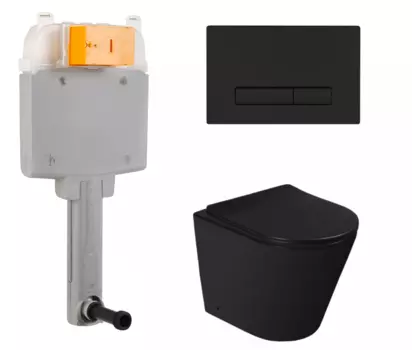 Комплект 3 в 1 смывной бачок скрытого монтажа BelBagno BB025-CS + Унитаз приставной SantiLine SL-5020MB с кнопкой черной Genova BB025-CS + SL-5020MB + BB021-GV-NERO.M