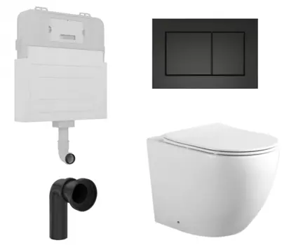 Комплект 3 в 1 смывной бачок скрытого монтажа Enio Tecnico + Унитаз приставной Акватек Европа AQ1902-00 с кнопкой черной Quadro