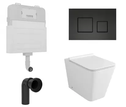 Комплект 3 в 1 смывной бачок скрытого монтажа Enio Tecnico + Унитаз приставной Grossman GR-PR4414S с кнопкой черной Cubo EN8050817 + EN8050812 + GR-PR4414S