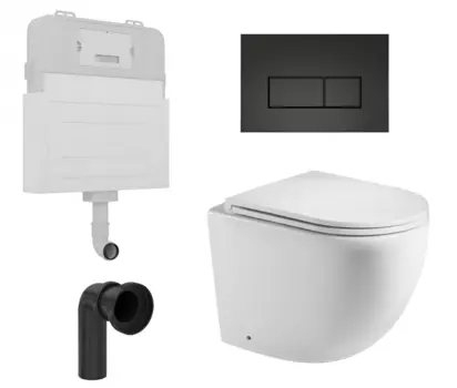 Комплект 3 в 1 смывной бачок скрытого монтажа Enio Tecnico + Унитаз приставной WeltWasser Merzbach 002 GL-WT с кнопкой черной Rettangolo