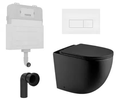 Комплект 3 в 1 смывной бачок скрытого монтажа Enio Tecnico + Унитаз приставной WeltWasser Merzbach 002 MT-BL черный с кнопкой белой Rettangolo