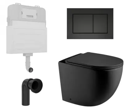 Комплект 3 в 1 смывной бачок скрытого монтажа Enio Tecnico + Унитаз приставной WeltWasser Merzbach 002 MT-BL черный с кнопкой черной Quadro