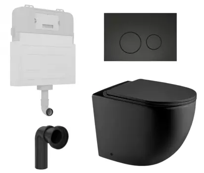 Комплект 3 в 1 смывной бачок скрытого монтажа Enio Tecnico + Унитаз приставной WeltWasser Merzbach 002 MT-BL черный с кнопкой черной Rotondo