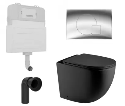 Комплект 3 в 1 смывной бачок скрытого монтажа Enio Tecnico + Унитаз приставной WeltWasser Merzbach 002 MT-BL черный с кнопкой хром Geometria EN8050817 + 10000006179 + EN8050813