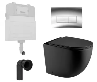 Комплект 3 в 1 смывной бачок скрытого монтажа Enio Tecnico + Унитаз приставной WeltWasser Merzbach 002 MT-BL черный с кнопкой хром Rettangolo