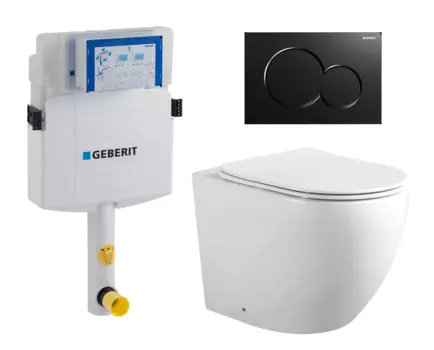 Комплект 3 в 1 смывной бачок скрытого монтажа Geberit Duofix UP320 + Унитаз приставной Акватек Европа AQ1902-00 + Кнопка Geberit Sigma 01 черная