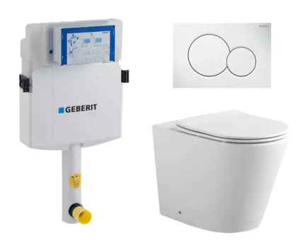 Комплект 3 в 1 смывной бачок скрытого монтажа Geberit Duofix UP320 + Унитаз приставной Акватек Вега AQ1906-00 + Кнопка Geberit Sigma 01 белая