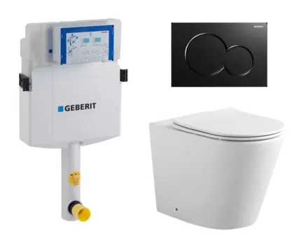 Комплект 3 в 1 смывной бачок скрытого монтажа Geberit Duofix UP320 + Унитаз приставной Акватек Вега AQ1906-00 + Кнопка Geberit Sigma 01 черная