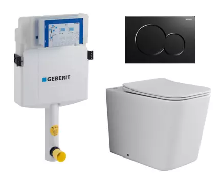 Комплект 3 в 1 смывной бачок скрытого монтажа Geberit Duofix UP320 + Унитаз приставной Ceramica Nova Cubic Rimless CN1809 + Кнопка Geberit Sigma 01 черная