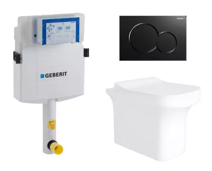 Комплект 3 в 1 смывной бачок скрытого монтажа Geberit Duofix UP320 + Унитаз приставной Enio Solo EN2750023 + Кнопка Geberit Sigma 01 черная