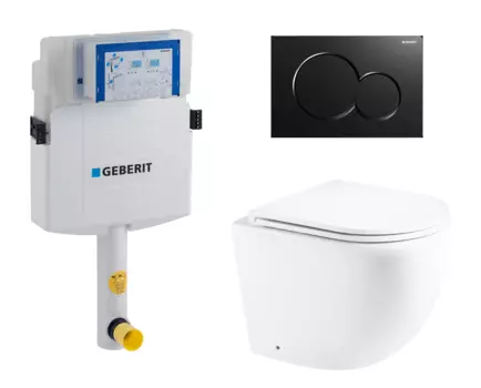 Комплект 3 в 1 смывной бачок скрытого монтажа Geberit Duofix UP320 + Унитаз приставной Enio Unico EN5104885 + Кнопка Geberit Sigma 01 черная