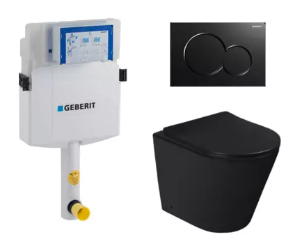 Комплект 3 в 1 смывной бачок скрытого монтажа Geberit Duofix UP320 + Унитаз приставной SantiLine SL-5020MB + Кнопка Geberit Sigma 01 черная