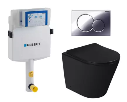 Комплект 3 в 1 смывной бачок скрытого монтажа Geberit Duofix UP320 + Унитаз приставной SantiLine SL-5020MB + Кнопка Geberit Sigma 01 хром
