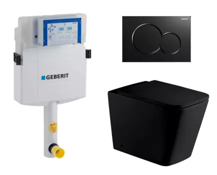 Комплект 3 в 1 смывной бачок скрытого монтажа Geberit Duofix UP320 + Унитаз приставной WeltWasser Gelbach 002 MT-BL + Кнопка Geberit Sigma 01 черная