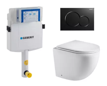 Комплект 3 в 1 смывной бачок скрытого монтажа Geberit Duofix UP320 + Унитаз приставной WeltWasser Merzbach 002 GL-WT + Кнопка Geberit Sigma 01 черная