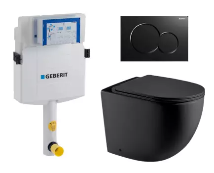 Комплект 3 в 1 смывной бачок скрытого монтажа Geberit Duofix UP320 + Унитаз приставной WeltWasser Merzbach 002 MT-BL + Кнопка Geberit Sigma 01 черная
