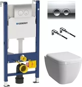 Комплект Geberit Duofix Delta 458.124.21.1 3 в 1 с кнопкой смыва + Чаша для унитаза подвесного + Крышка-сиденье