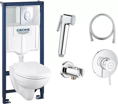 Комплект Grohe Solido 39192000 подвесной унитаз + инсталляция + кнопка + Гигиенический душ Grohe BauClassic 124901 со смесителем