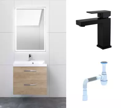 Комплект: Мебель для ванной BelBagno Aurora 60 rovere nebrasca nature + Смеситель Haiba HB10803-7 черный + Сифон АниПласт 128674+HB10803-7+C2015xrv