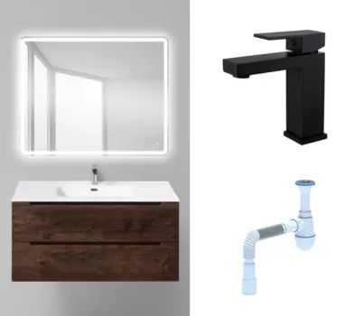 Комплект: Мебель для ванной BelBagno Etna 100 rovere moro + Смеситель Haiba HB10803-7 черный + Сифон АниПласт 121868+HB10803-7+C2015xrv