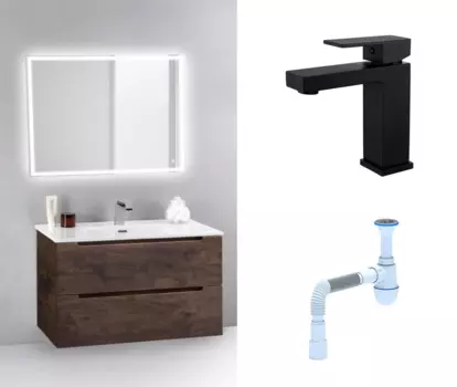 Комплект: Мебель для ванной BelBagno Etna 39 70 rovere moro + Смеситель Haiba HB10803-7 черный + Сифон АниПласт 134387+HB10803-7+C2015xrv