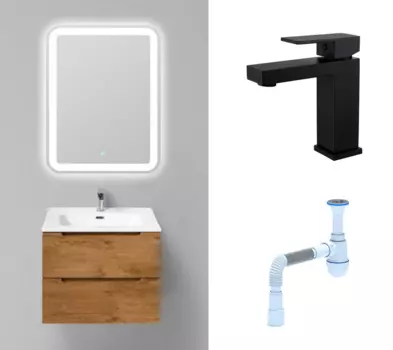 Комплект: Мебель для ванной BelBagno Etna 60 rovere nature + Смеситель Haiba HB10803-7 черный + Сифон АниПласт 128679+HB10803-7+C2015xrv