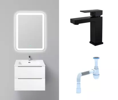 Комплект: Мебель для ванной BelBagno Etna 60 bianco lucido + Смеситель Haiba HB10803-7 черный + Сифон АниПласт 130118+HB10803-7+C2015xrv