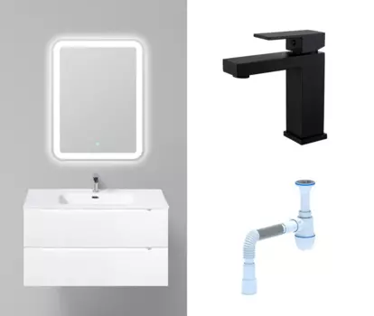 Комплект: Мебель для ванной BelBagno Etna 90 bianco lucido + Смеситель Haiba HB10803-7 черный + Сифон АниПласт 130043+HB10803-7+C2015xrv